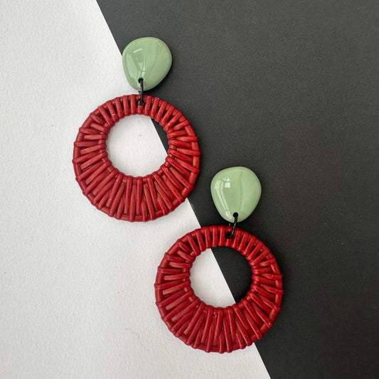 Ada Retro Rattan Dangle Earrings — Olive + Claret