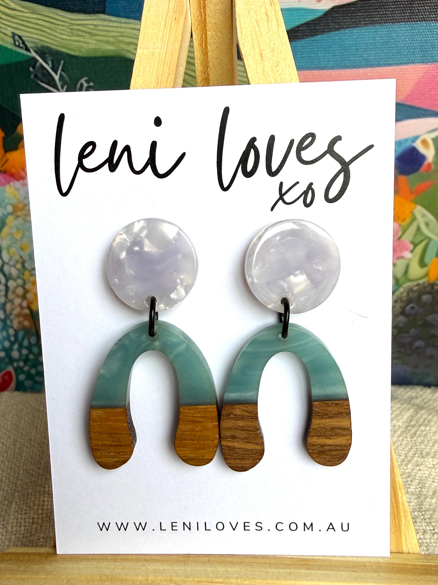 Paloma Dangle Earrings — Lavender Marble Acrylic Stud + Saltwater Blue Resin & Walnut Wood