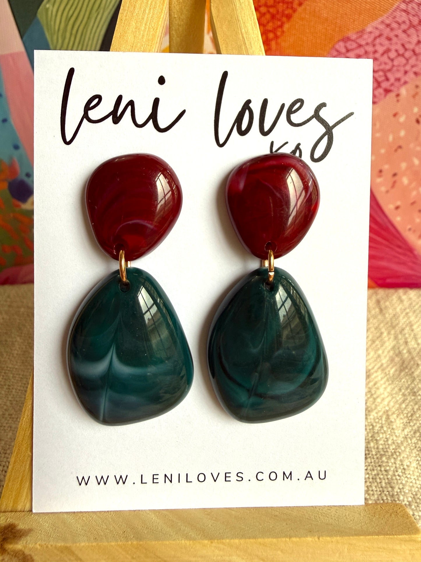 Faye Retro Dangle Earrings — Garnet + Teal