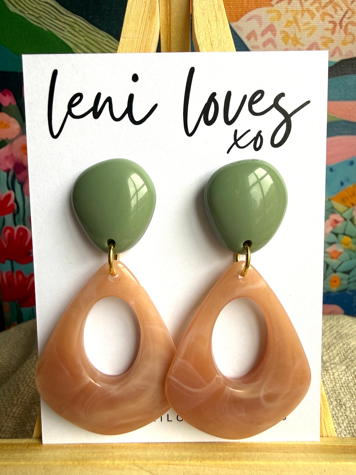 Estelle Retro Dangle Earrings — Opaque Olive + Marble Dusty Pink