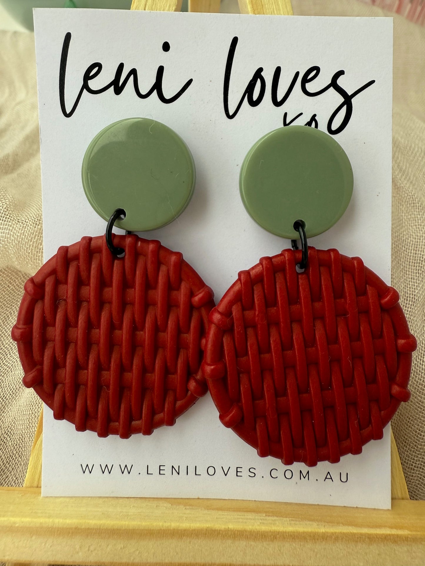 Bobbie Retro Rattan Dangle Earrings — Avocado Green & Claret Red