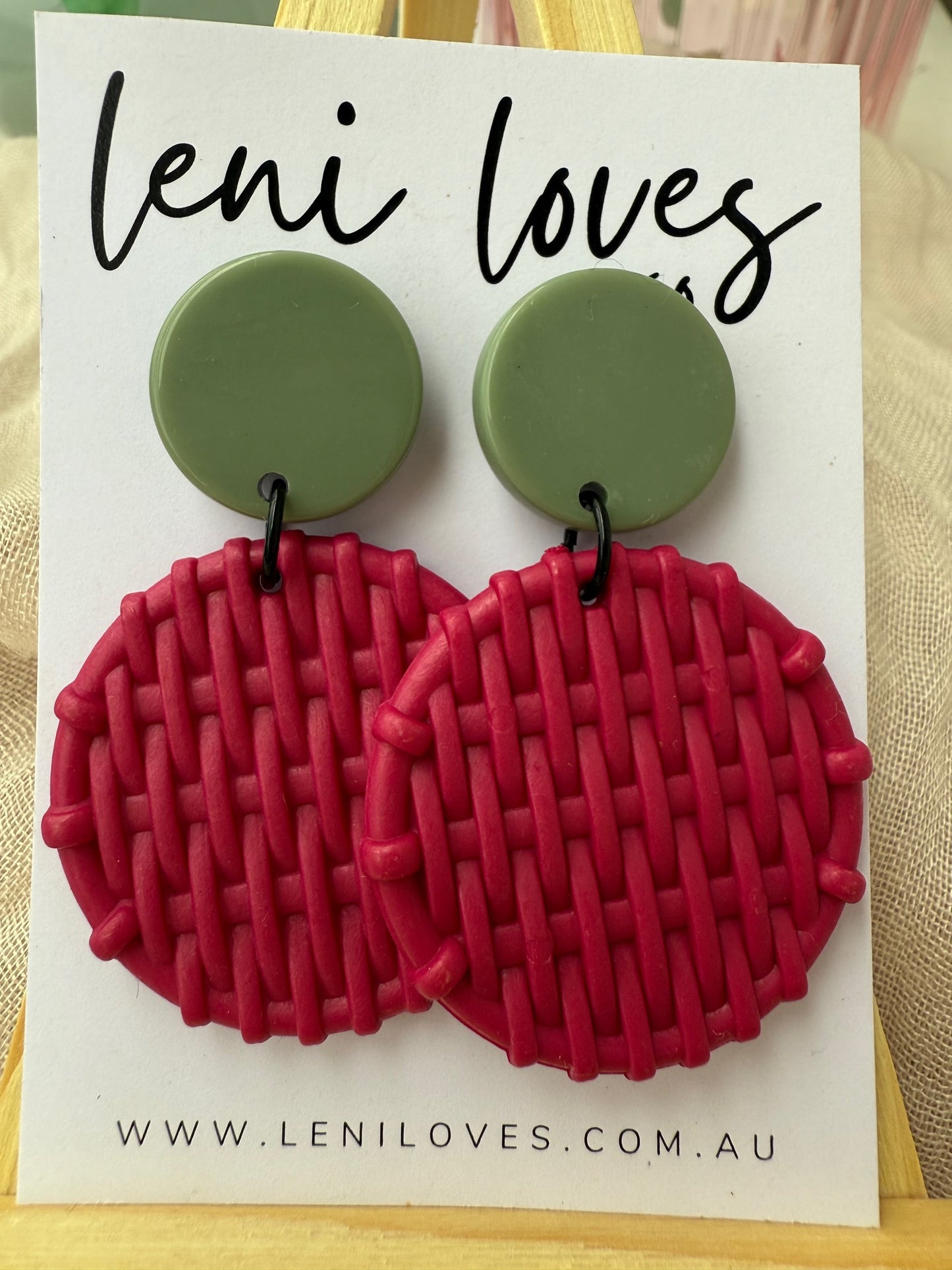 Bobbie Retro Rattan Dangle Earrings — Avocado Green & Punch Pink
