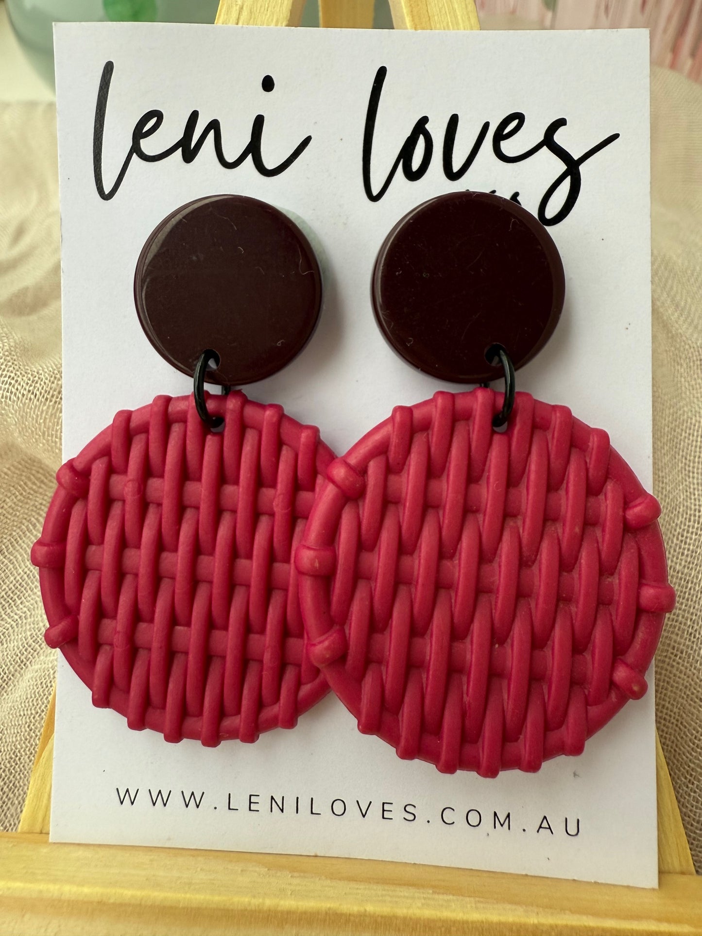 Bobbie Retro Rattan Dangle Earrings — Burgundy & Punch Pink