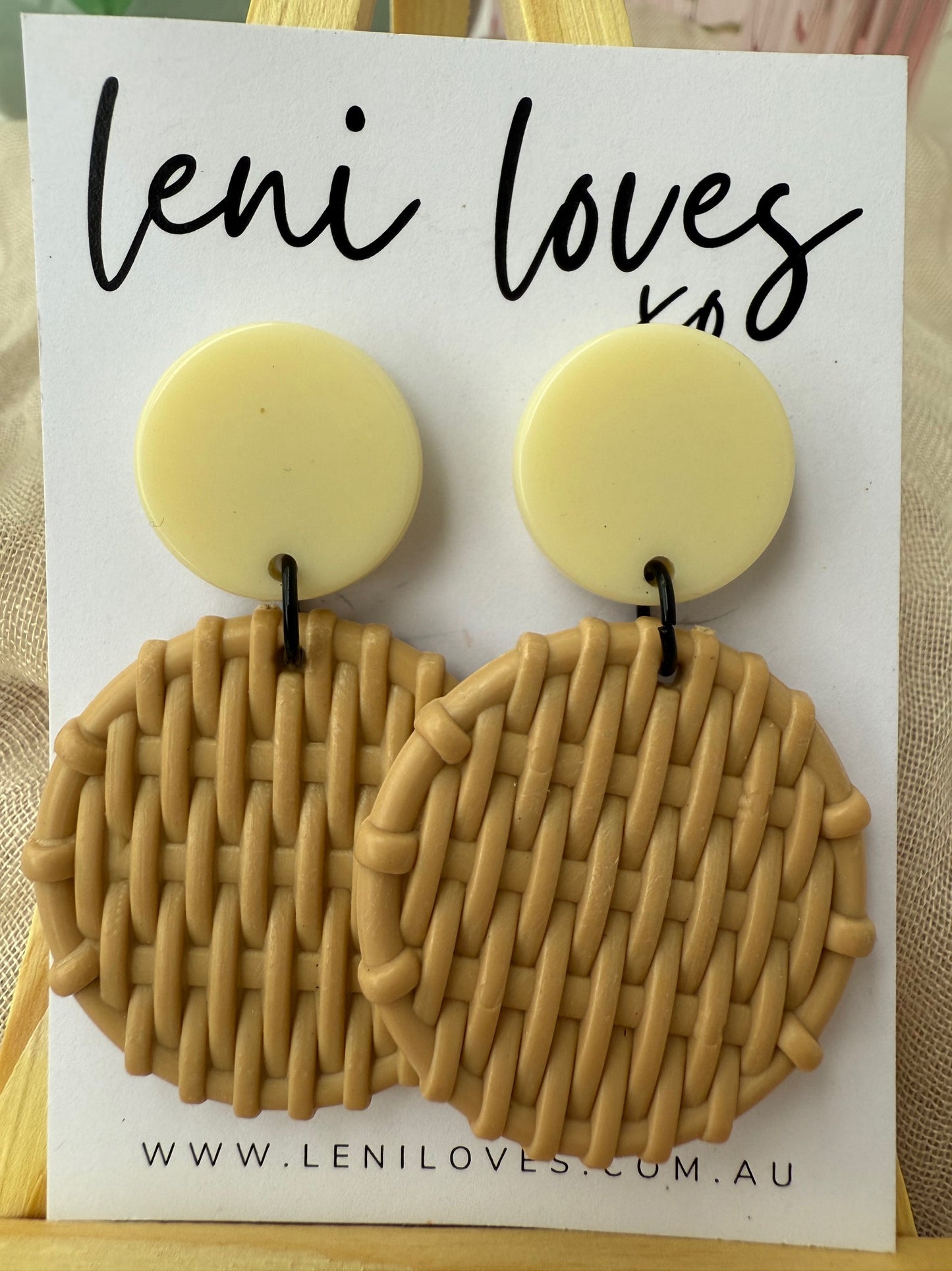 Bobbie Retro Rattan Dangle Earrings — Ivory White & Beige