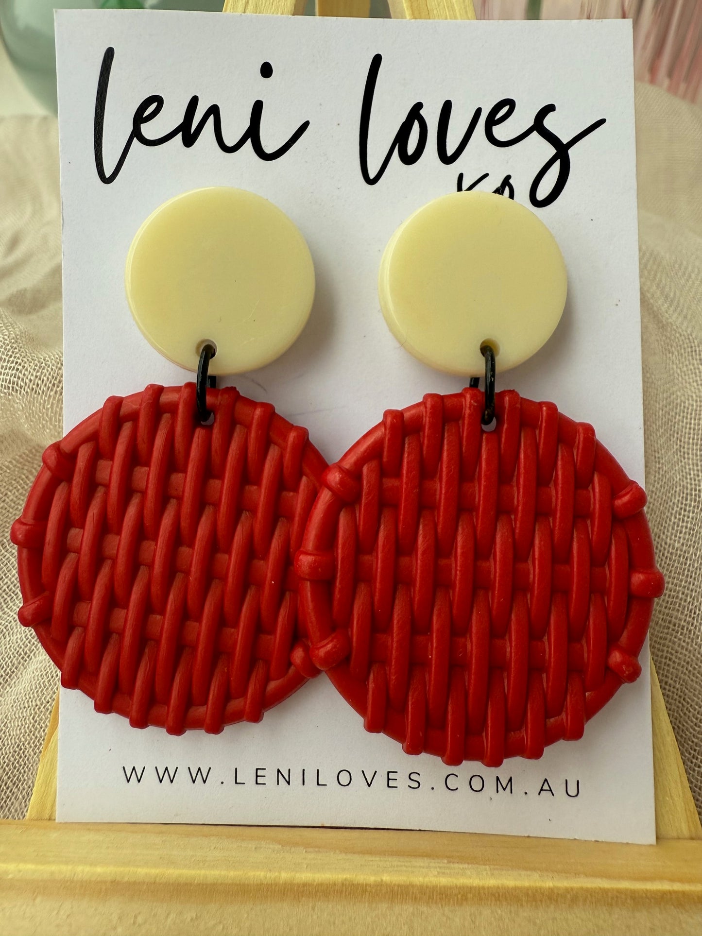 Bobbie Retro Rattan Dangle Earrings — Ivory White & Cherry Red