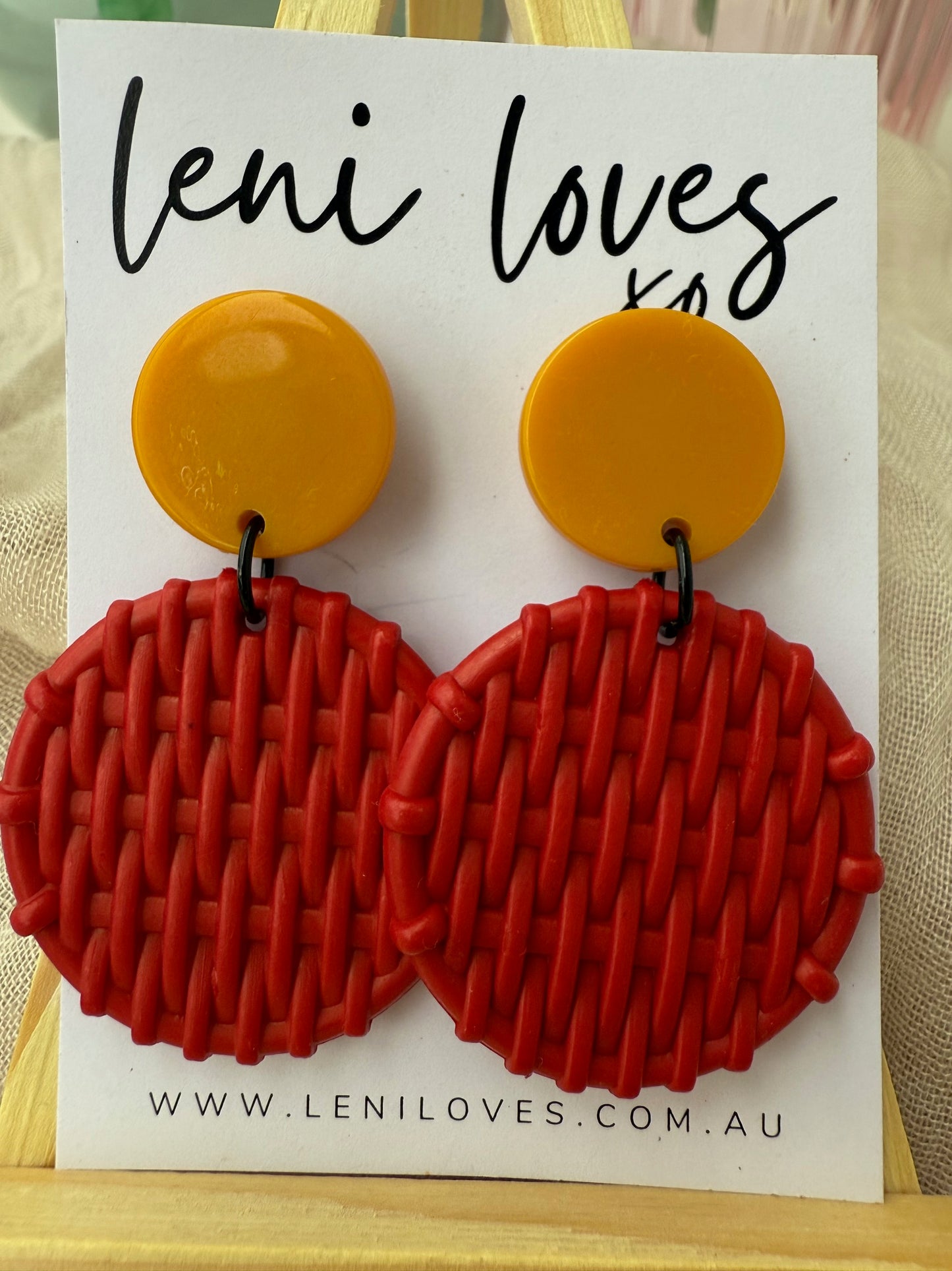 Bobbie Retro Rattan Dangle Earrings — Mustard Yellow & Cherry Red