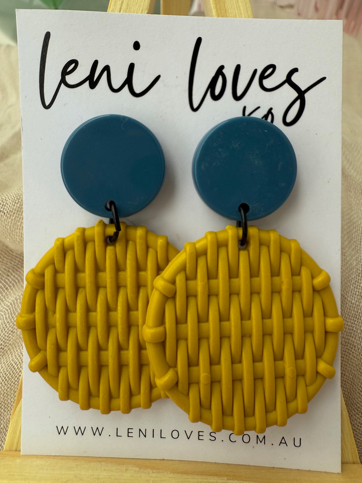 Bobbie Retro Rattan Dangle Earrings — Peacock Blue & Sunshine Yellow