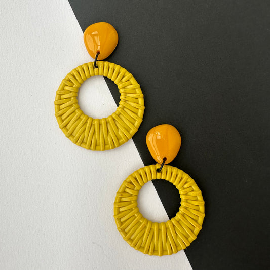 Ada Retro Rattan Dangle Earrings — Mustard Sunshine