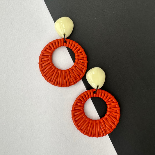 Ada Retro Rattan Dangle Earrings — Ivory + Orange