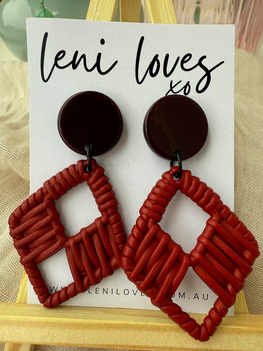 Claire Retro Rattan Dangle Earrings — Burgundy & Claret Red
