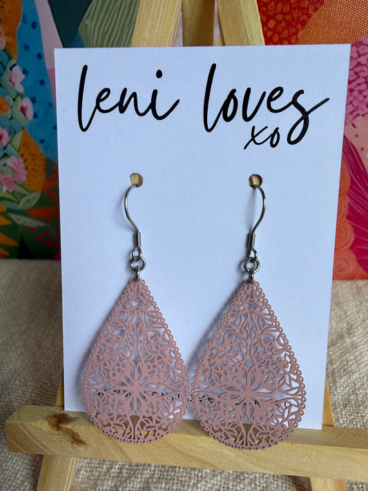Quinn Filigree Dangle Earrings — Dusty Pink Teardrops