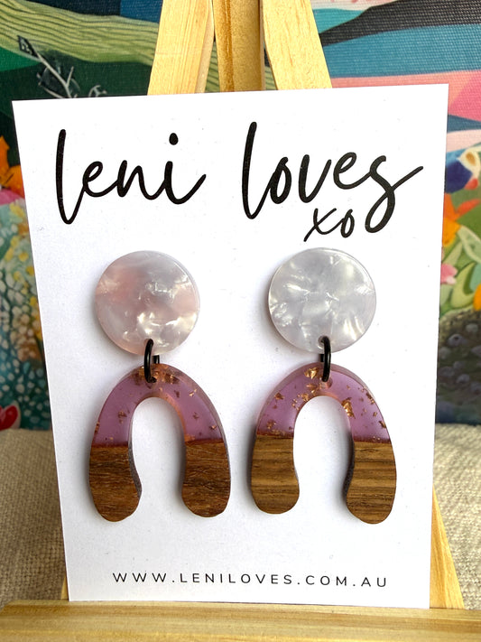 Paloma Dangle Earrings — Lavender Marble Acrylic Stud + Lilac Resin & Walnut Wood