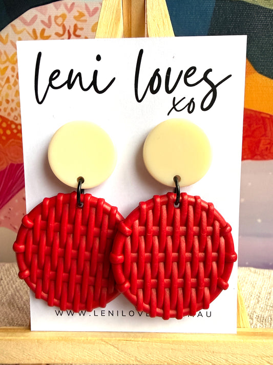 Bobbie Retro Rattan Dangle Earrings — Ivory White & Cherry Red