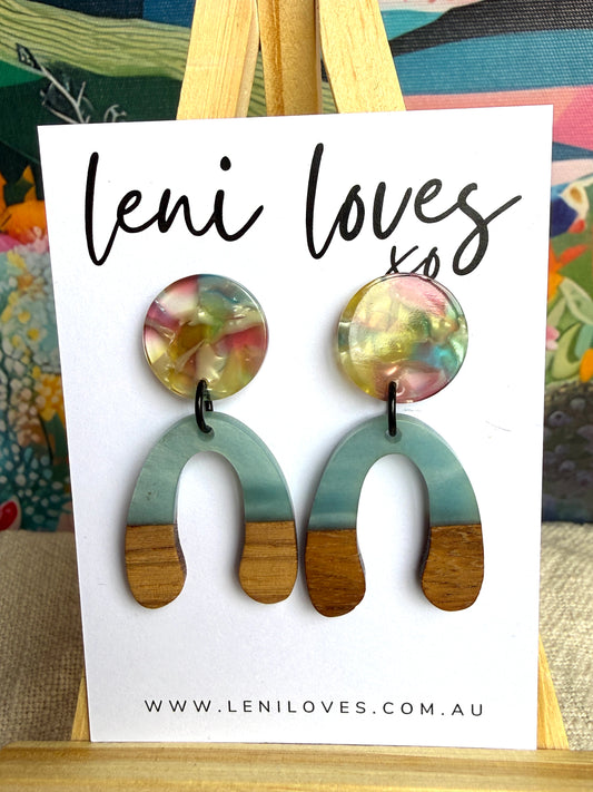 Paloma Dangle Earrings — Multicolour Marble Acrylic Stud + Saltwater Blue Resin & Walnut Wood