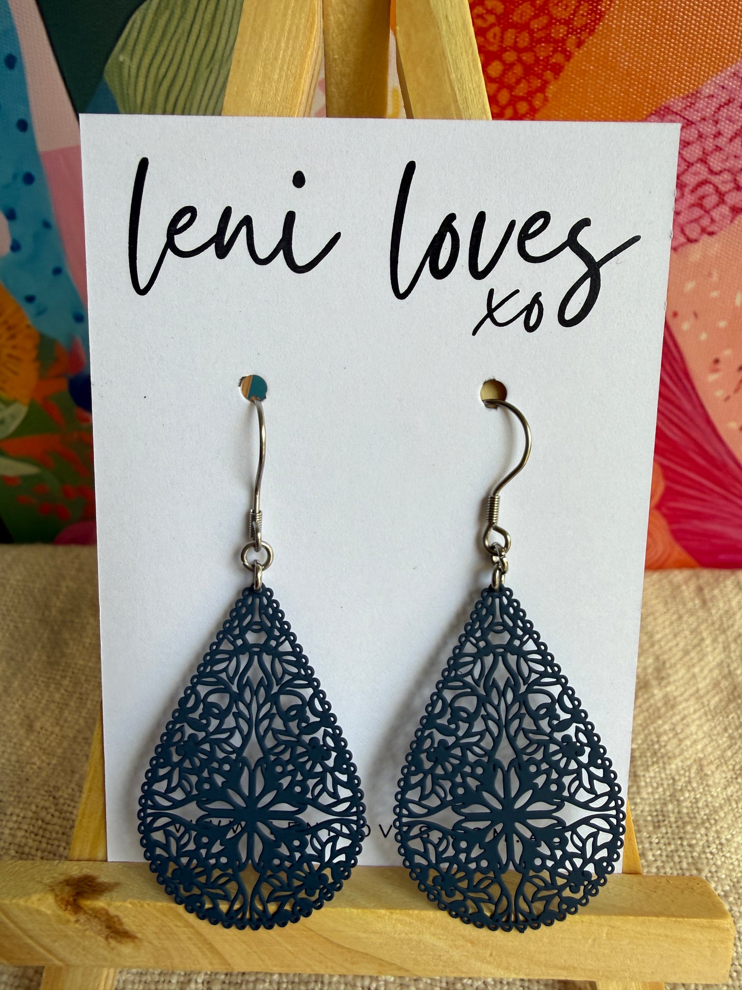 Quinn Filigree Dangle Earrings — Navy Teardrops