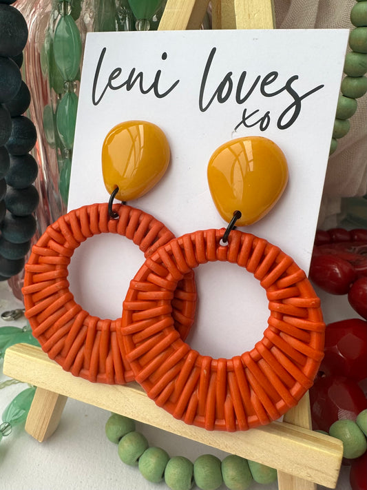 Ada Retro Rattan Dangle Earrings — Mustard + Orange