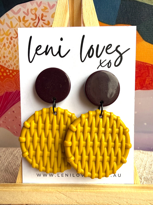 Bobbie Retro Rattan Dangle Earrings — Burgundy & Sunshine Yellow