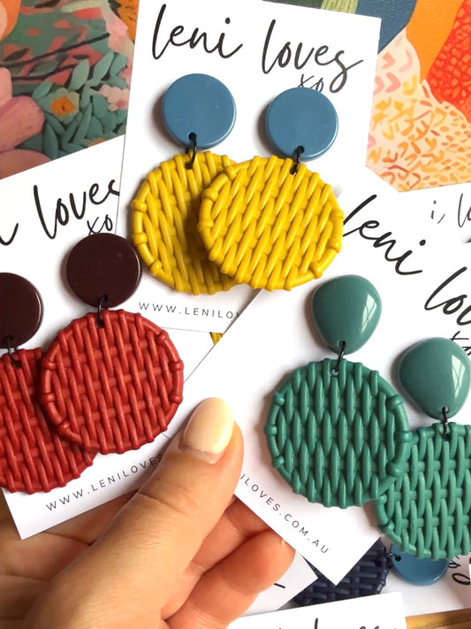 Bobbie Retro Rattan Dangle Earrings — Teal Green & Sunshine Yellow