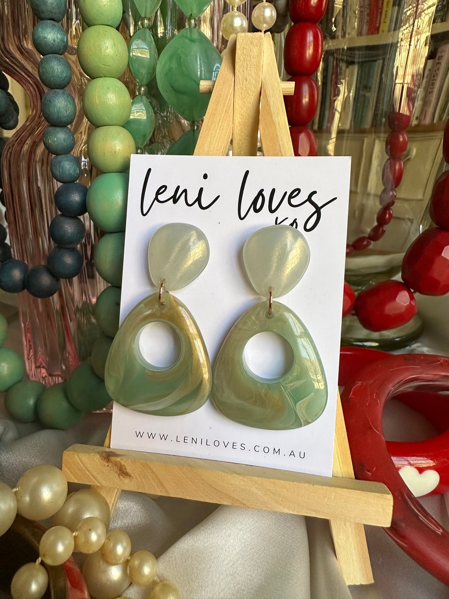 Daphne Retro Dangle Earrings — Pistachio Pearl