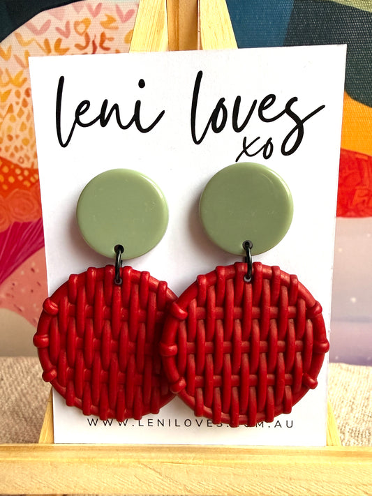 Bobbie Retro Rattan Dangle Earrings — Avocado Green & Claret Red