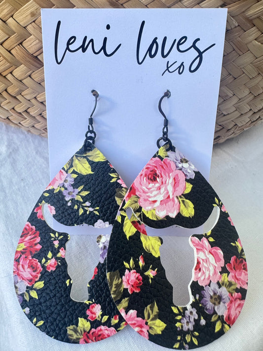 Rosie Leather Dangle Earrings — Black Ox Heads