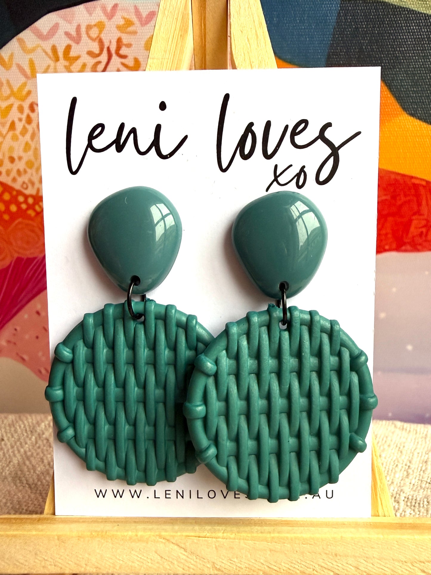 Bobbie Retro Rattan Dangle Earrings — Teal Green Teardrops
