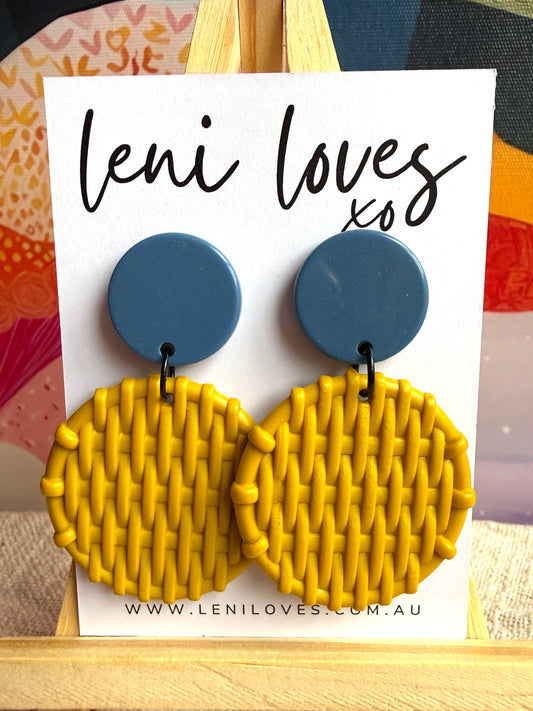 Bobbie Retro Rattan Dangle Earrings — Peacock Blue & Sunshine Yellow