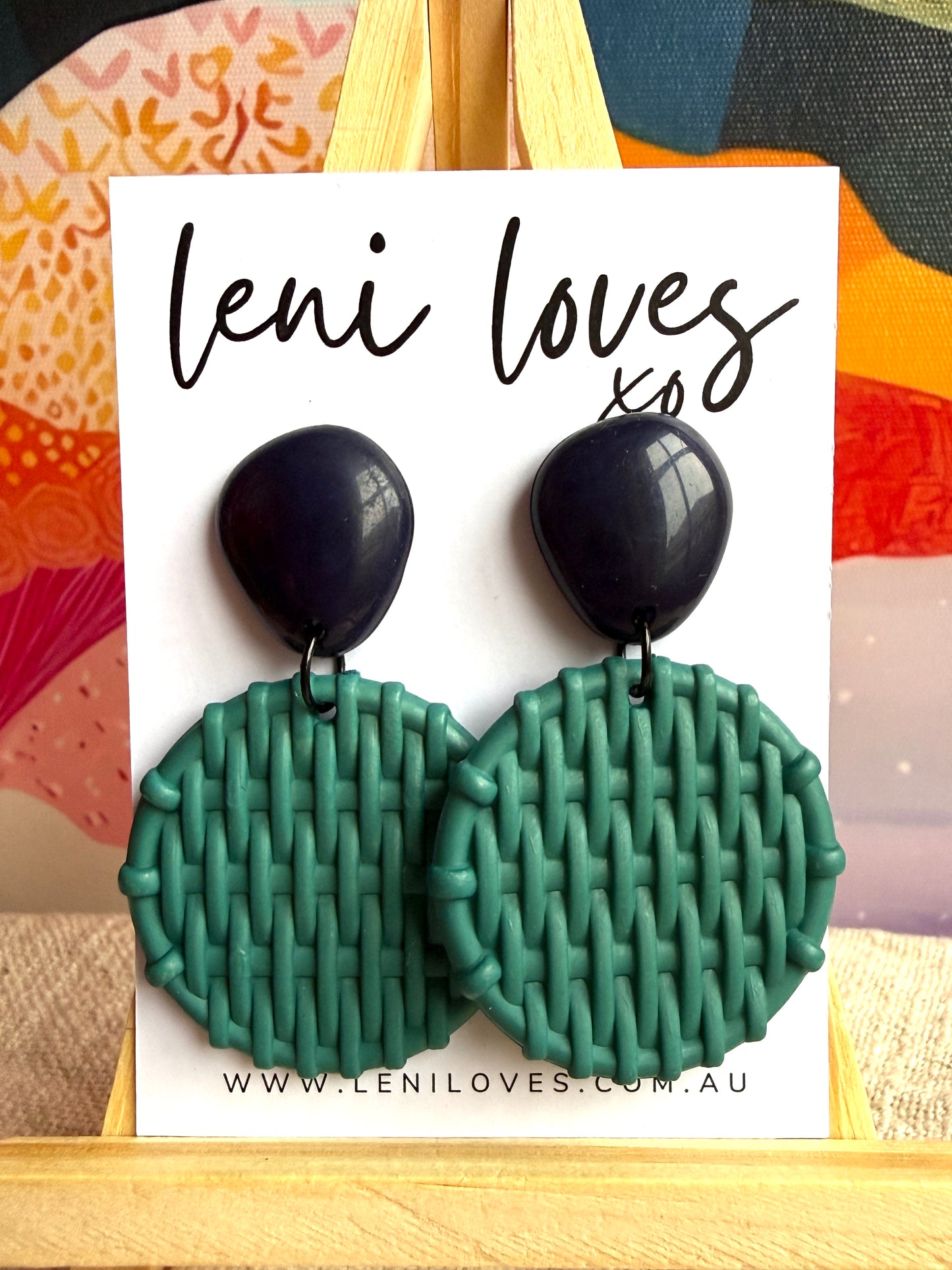 Bobbie Retro Rattan Dangle Earrings — Navy Teardrop & Teal