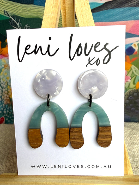 Paloma Dangle Earrings — Lavender Marble Acrylic Stud + Saltwater Blue Resin & Walnut Wood