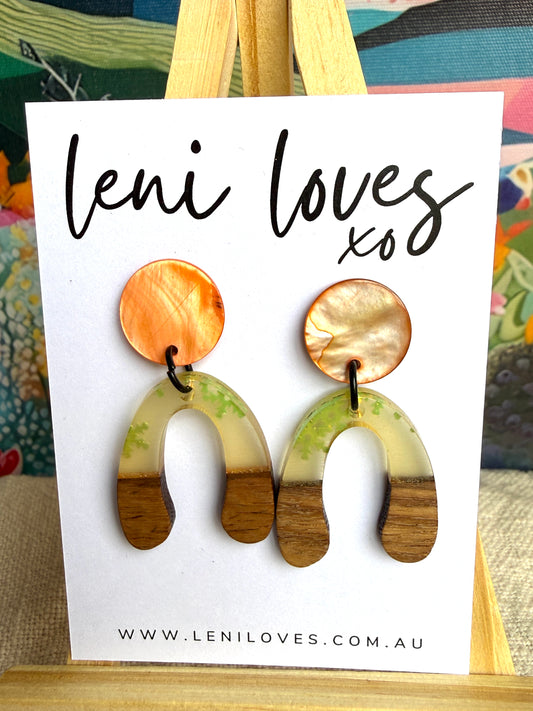 Paloma Dangle Earrings — Orange Shell Stud + Lemon Resin & Walnut Wood