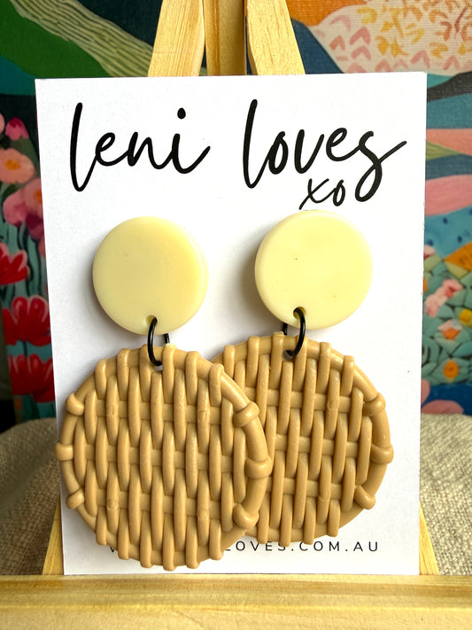 Bobbie Retro Rattan Dangle Earrings — Ivory White & Beige