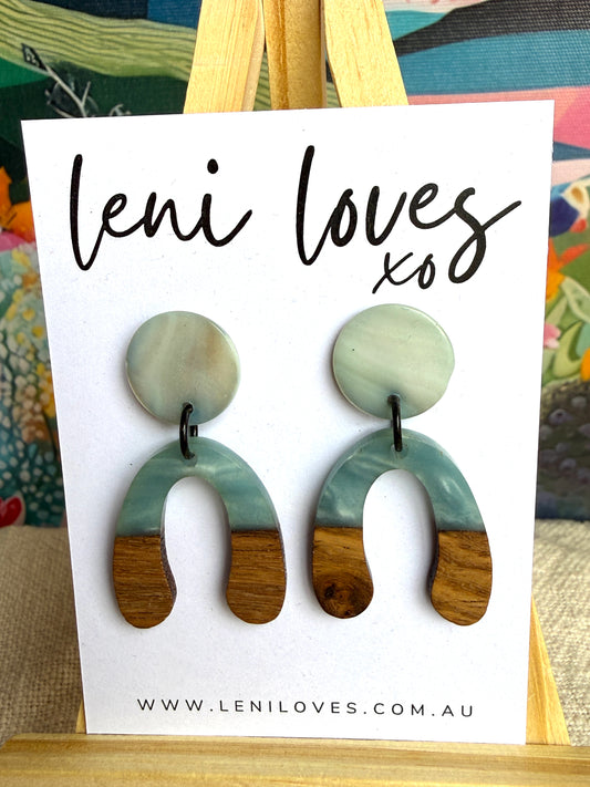 Paloma Dangle Earrings — Seagreen Shell Stud + Blue Resin & Walnut Wood