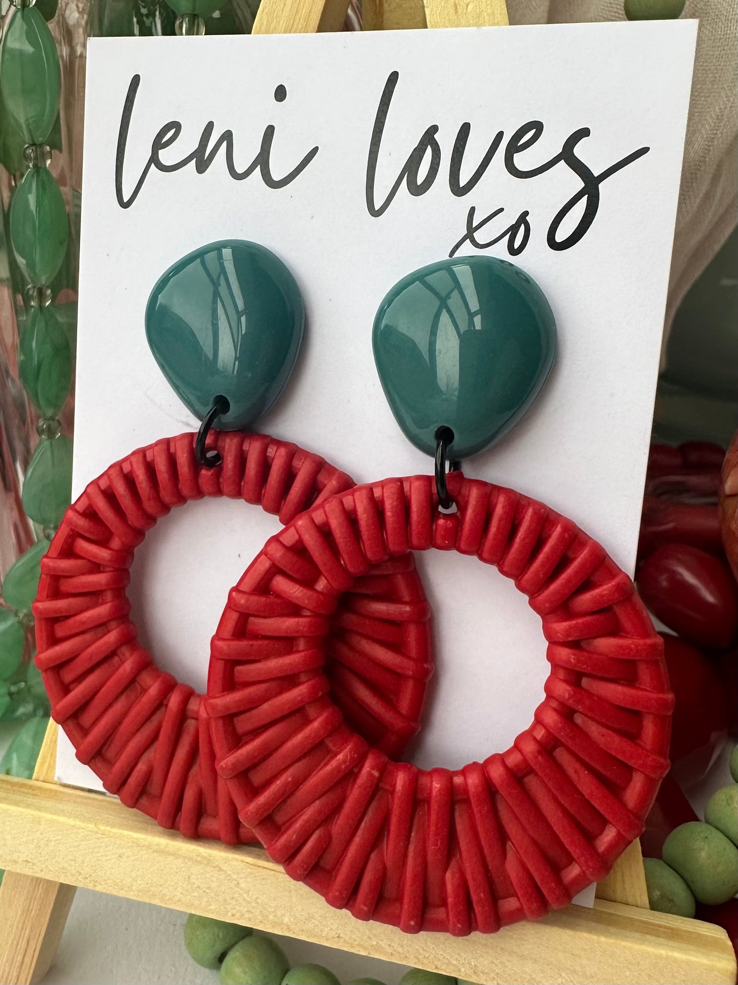 Ada Retro Rattan Dangle Earrings — Teal + Cherry