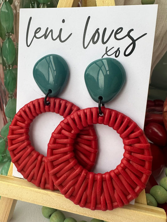Ada Retro Rattan Dangle Earrings — Teal + Cherry