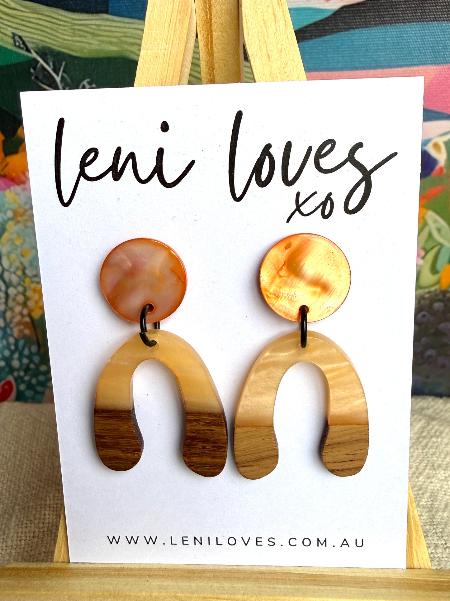 Paloma Dangle Earrings — Orange Shell Stud + Orange Resin & Walnut Wood