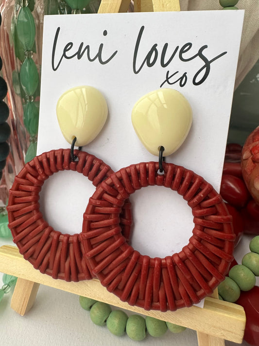 Ada Retro Rattan Dangle Earrings — Ivory + Claret