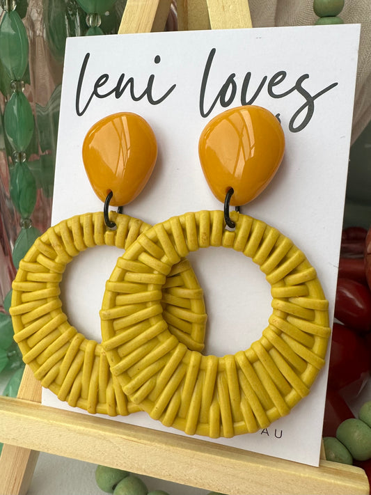 Ada Retro Rattan Dangle Earrings — Mustard Sunshine