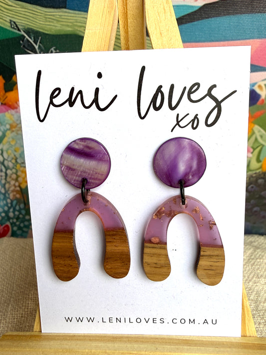 Paloma Dangle Earrings — Purple Shell Stud + Lilac Resin & Walnut Wood
