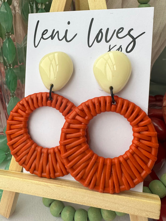 Ada Retro Rattan Dangle Earrings — Ivory + Orange