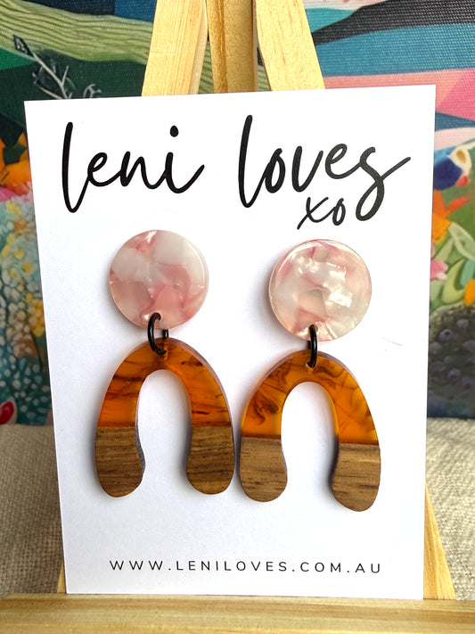 Paloma Dangle Earrings — Pink Marble Acrylic Stud + Orange Resin & Walnut Wood