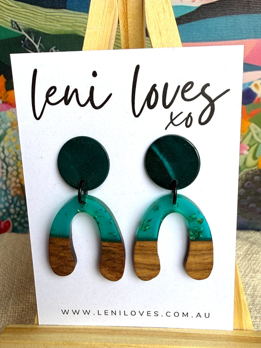 Paloma Dangle Earrings — Teal Shell Stud + Teal Resin & Walnut Wood