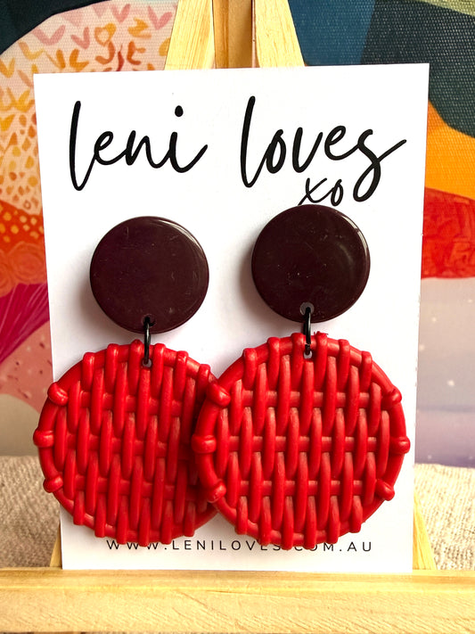 Bobbie Retro Rattan Dangle Earrings — Burgundy & Cherry Red