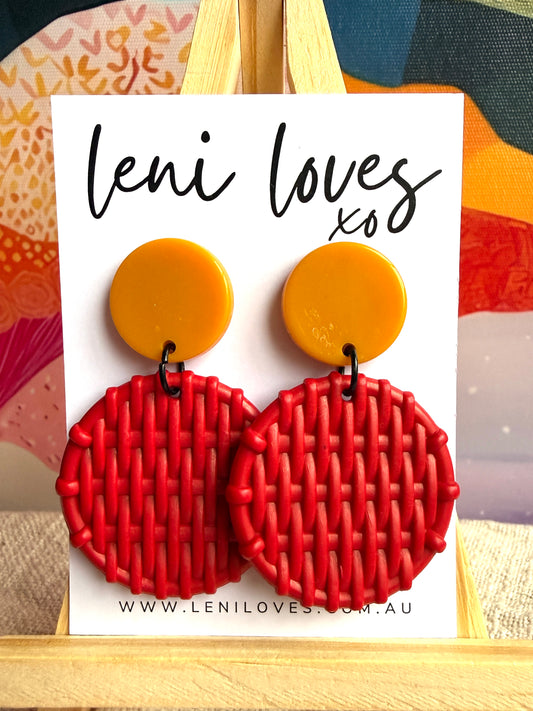 Bobbie Retro Rattan Dangle Earrings — Mustard Yellow & Cherry Red