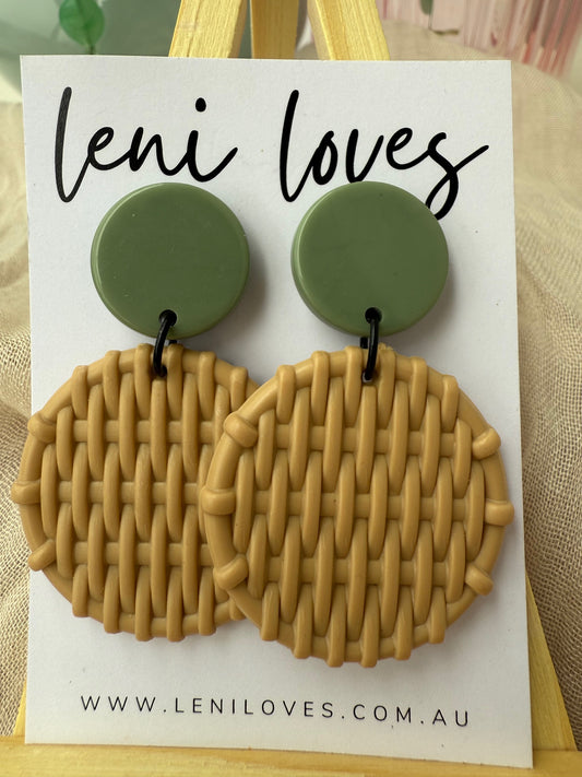 Bobbie Retro Rattan Dangle Earrings — Avocado Green & Beige