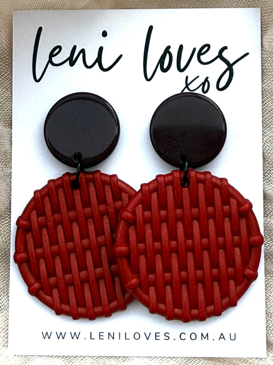 Bobbie Retro Rattan Dangle Earrings — Burgundy & Claret Red