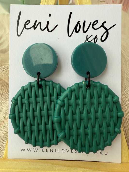 Bobbie Retro Rattan Dangle Earrings — Teal Green
