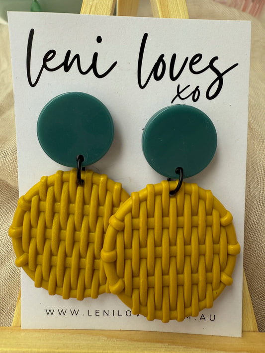 Bobbie Retro Rattan Dangle Earrings — Teal Green & Sunshine Yellow