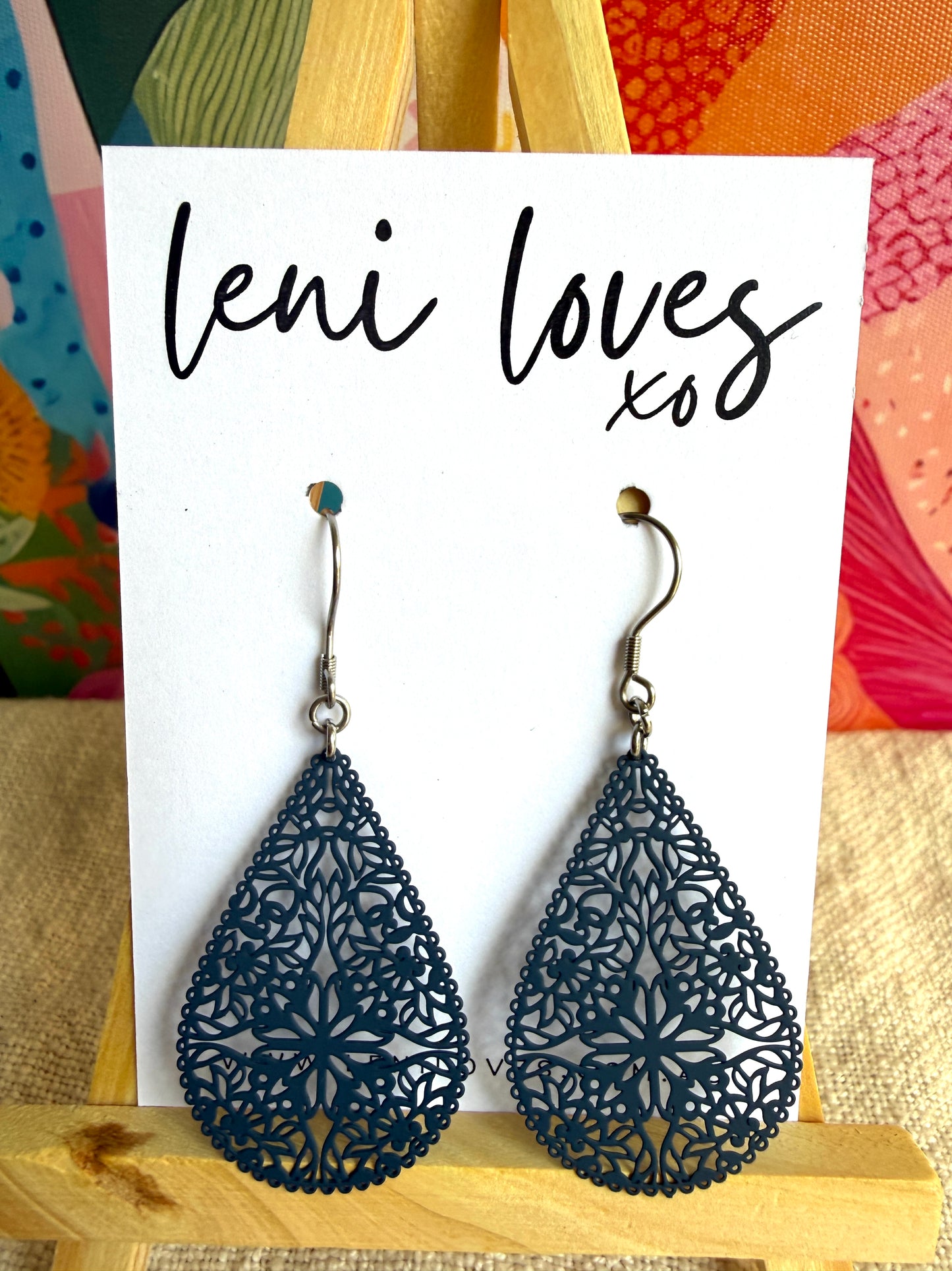 Quinn Filigree Dangle Earrings — Navy Teardrops