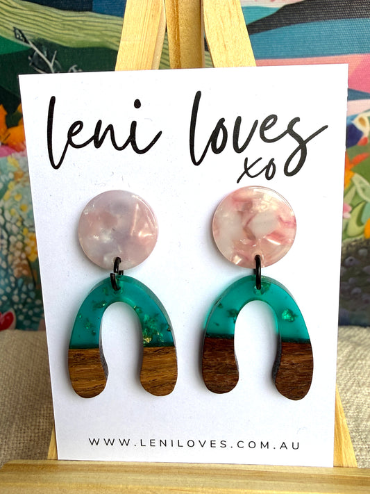 Paloma Dangle Earrings — Pink Marble Acrylic Stud + Teal Resin & Walnut Wood