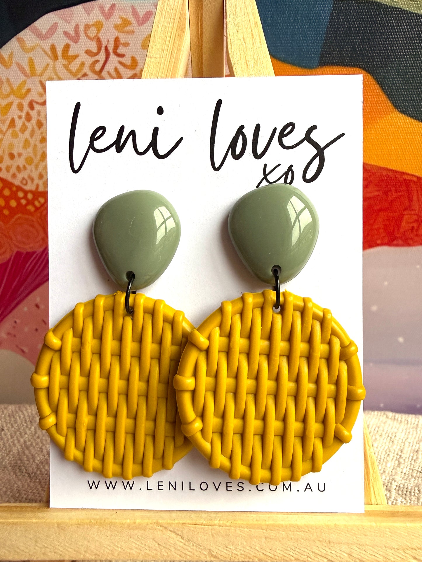 Bobbie Retro Rattan Dangle Earrings — Avocado Teardrop & Sunshine Yellow